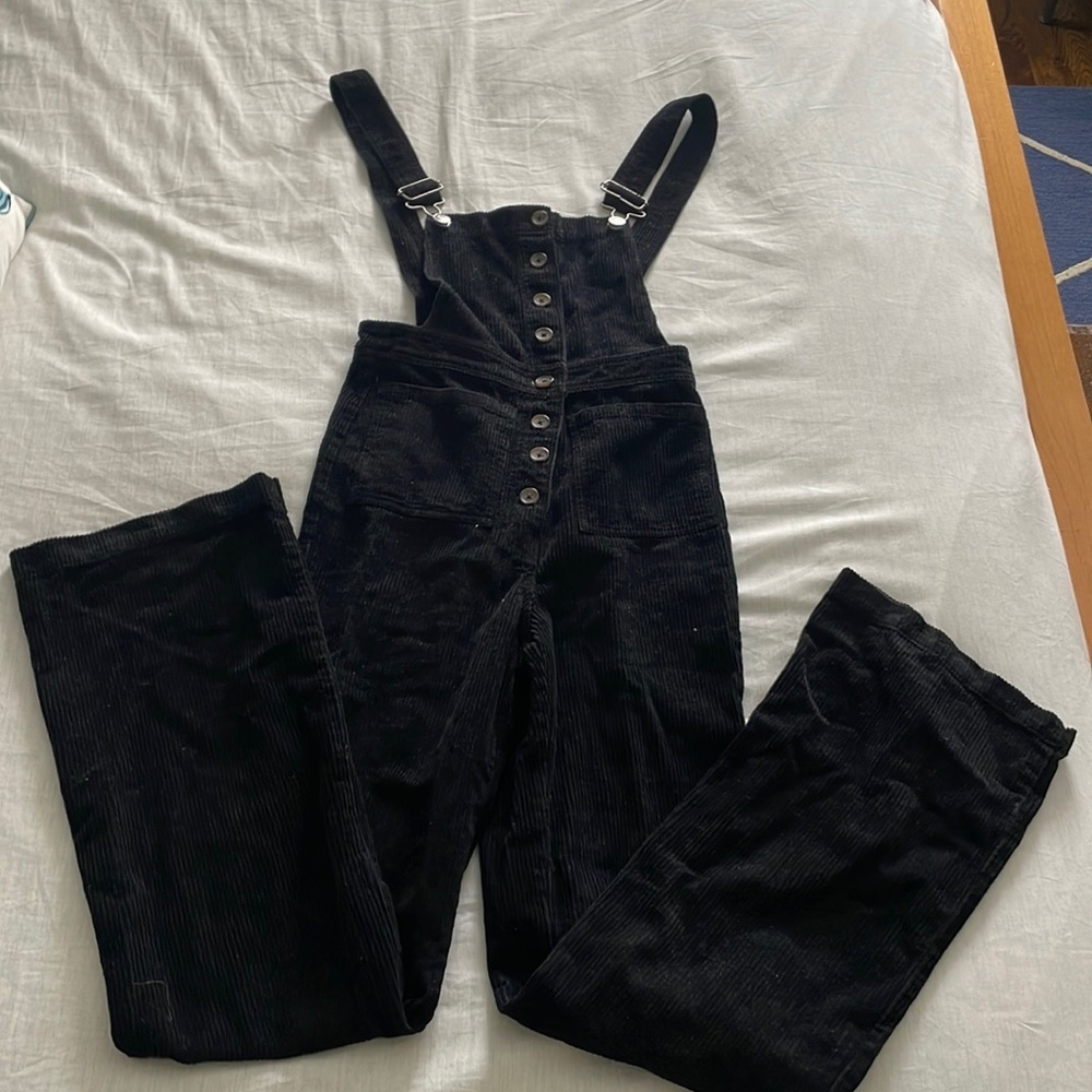 Reformation Black Corduroy Button-Front Overalls Jumpsuit